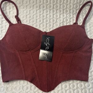 NWT Say What Wine Colored Corduroy Padded Wired Corset/Bustier Bra Size Large